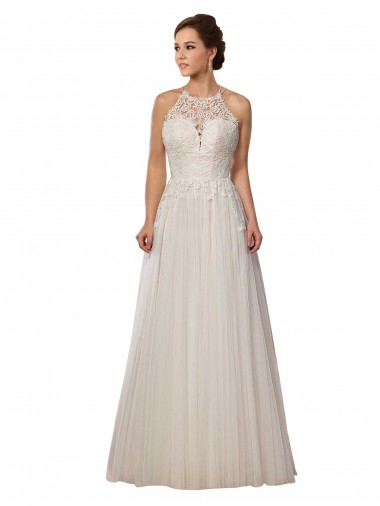 Cheap Illusion Halter Lace Boho Wedding Dress with Plunging Sweetheart Bodice Canada