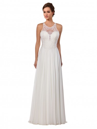 Cheap Illusion Neck A-Line Lace and Chiffon Beach Wedding Dress Canada