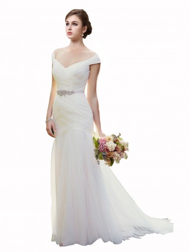 Cheap Cap Sleeves Off the Shoulder Ruched Mermaid Tulle Beach Wedding Dress Canada