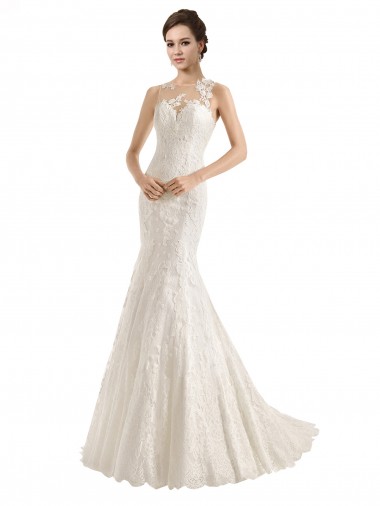 Cheap Illusion Neck Mermaid All Over Lace Wedding Dress Canada
