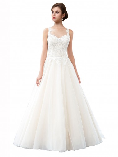 Cheap Illusion Neck A-Line Tulle Beach Wedding Dress with Lace Bodice Canada