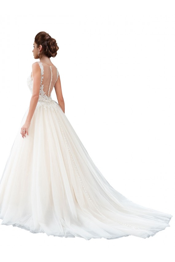 Cheap Illusion Neck A-Line Tulle Beach Wedding Dress with Lace Bodice Canada
