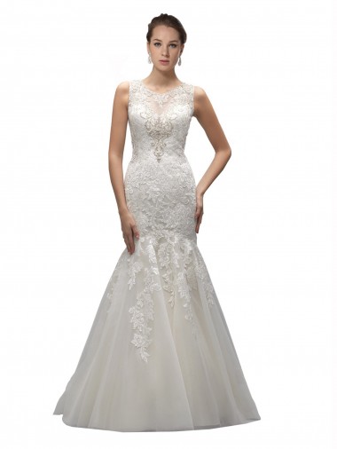 Cheap Illusion High Neck Mermaid Lace Wedding Dress Canada