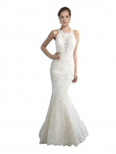Cheap Deep Illusion Neck Mermaid Tulle Beach Wedding Dress with All Over Lace Canada