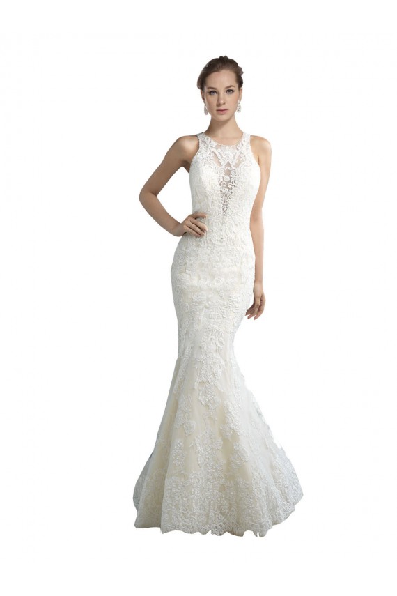 Cheap Deep Illusion Neck Mermaid Tulle Beach Wedding Dress with All Over Lace Canada