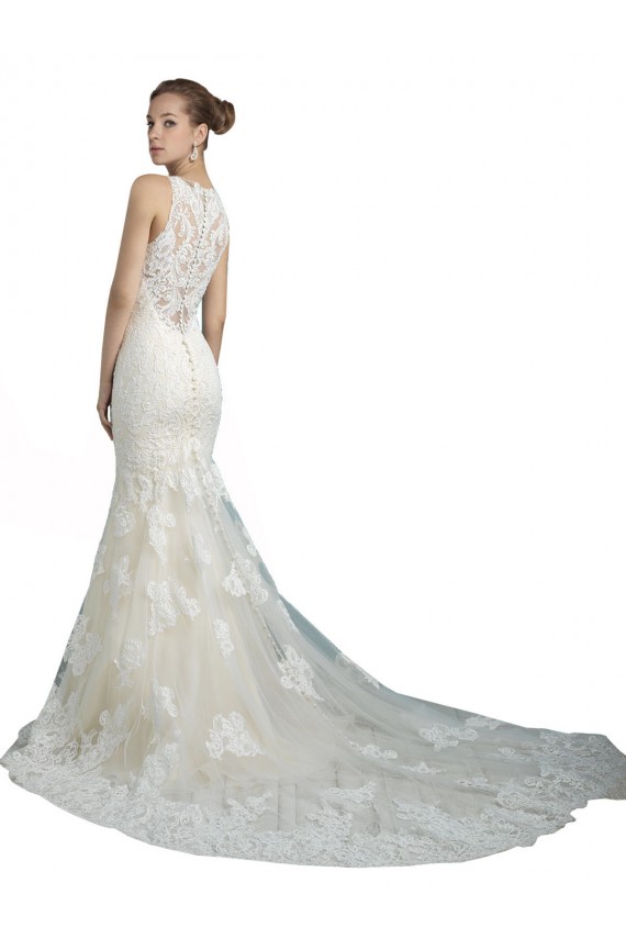 Cheap Deep Illusion Neck Mermaid Tulle Beach Wedding Dress with All Over Lace Canada