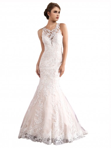Cheap Illusion Neck Fit and Flare Tulle Wedding Dress with All Over Lace Canada
