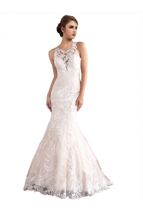 Cheap Illusion Neck Fit and Flare Tulle Wedding Dress with All Over Lace Canada