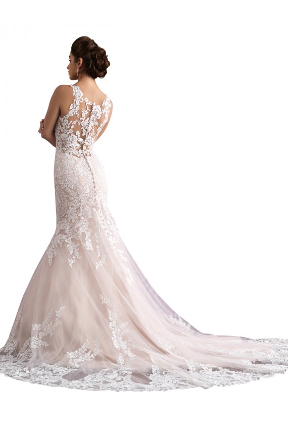 Cheap Illusion Neck Fit and Flare Tulle Wedding Dress with All Over Lace Canada