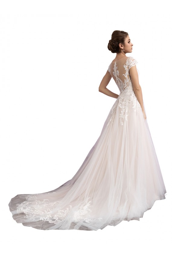 Cheap Illusion Cap Sleeves A-Line Tulle Beach Wedding Dress with Lace Bodice Canada