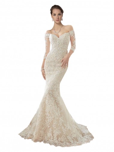 Cheap Long Sleeves Off the Shoulder Trumpet Lace Wedding Dress Canada