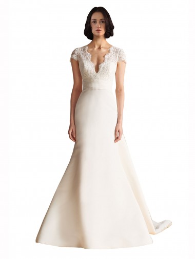 Cheap V-Neck Lace Bodice A-Line Satin Wedding Dress with Keyhole Back Canada