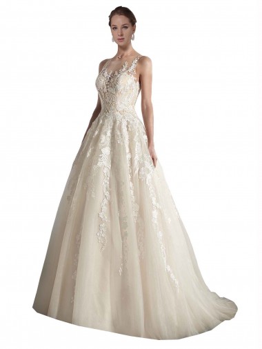Cheap Illusion Neck A-Line Tulle Wedding Dress Canada