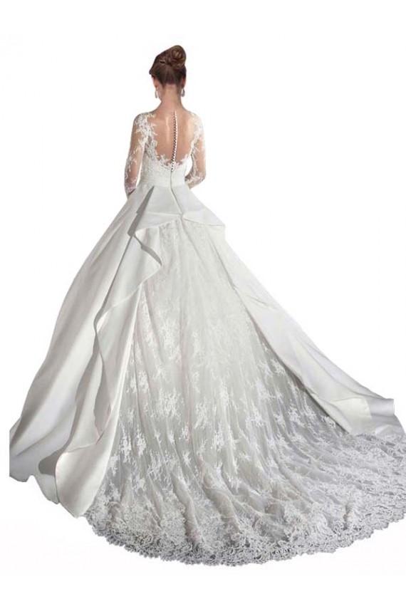 Cheap Long Sleeves Illusion Neck A-Line Satin Wedding Dress with Lace Bodice Canada
