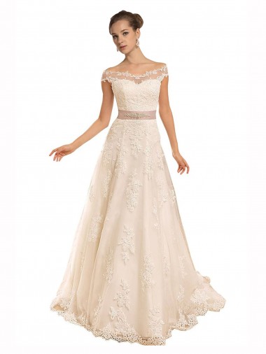 Cheap Off the Shoulder Illusion Back A-Line Lace Beach Wedding Dress Canada