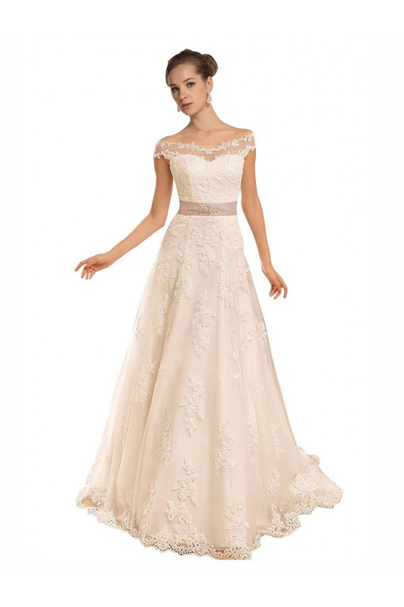 Cheap Off the Shoulder Illusion Back A-Line Lace Beach Wedding Dress Canada