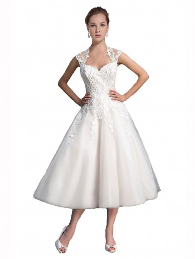 Cheap A-Line Short Tea Length Sweetheart Tulle Lace Beach Wedding Dress Canada