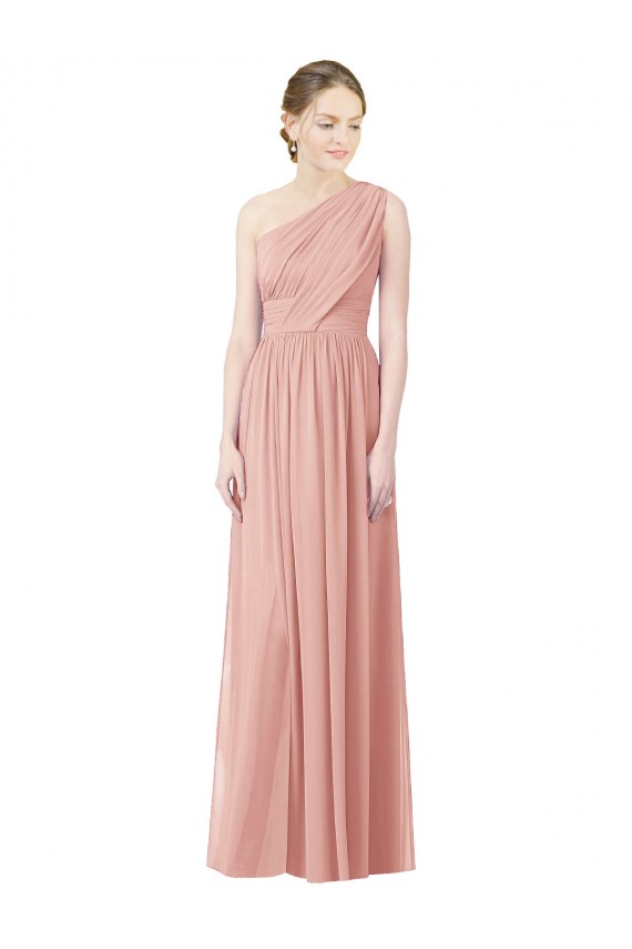Cheap One Shoulder Long Chiffon Bridesmaid Dress with Shirred Waistband Canada