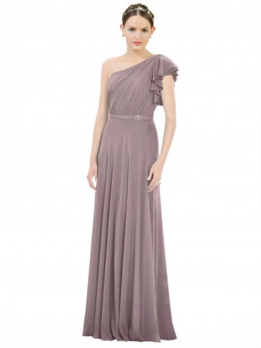 Cheap Full Length One Shoulder Chiffon Bridesmaid Dress with Shoulder Ruffle Canada