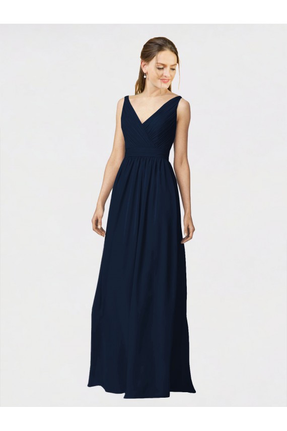 Cheap Long Chiffon Bridesmaid Dress with Shirred Bodice and V-Neckline Canada