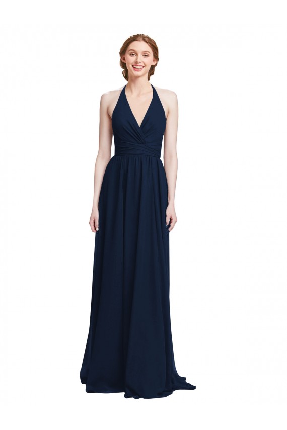 Cheap Halter Chiffon Bridesmaid Dress with V-Neckline and Criss Cross Waist Canada