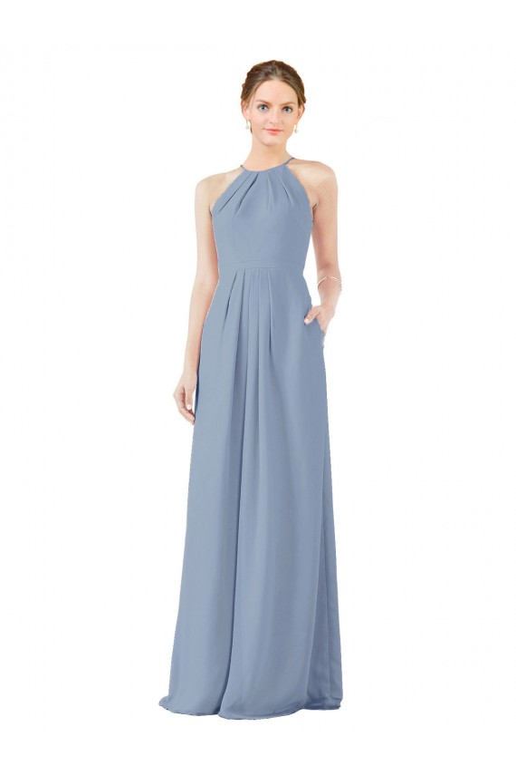 Cheap Fitted Long High Halter Neck Chiffon Bridesmaid Dress with Keyhole Back Canada