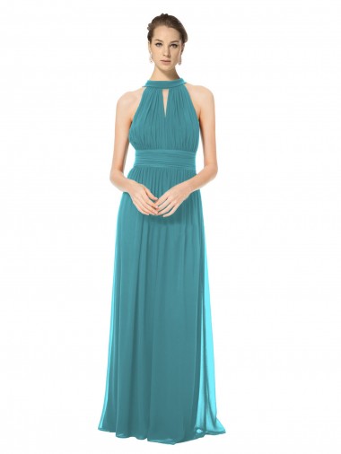 Cheap Ruched Long Chiffon Halter Bridesmaid Dress with Tie Back and Tails Canada