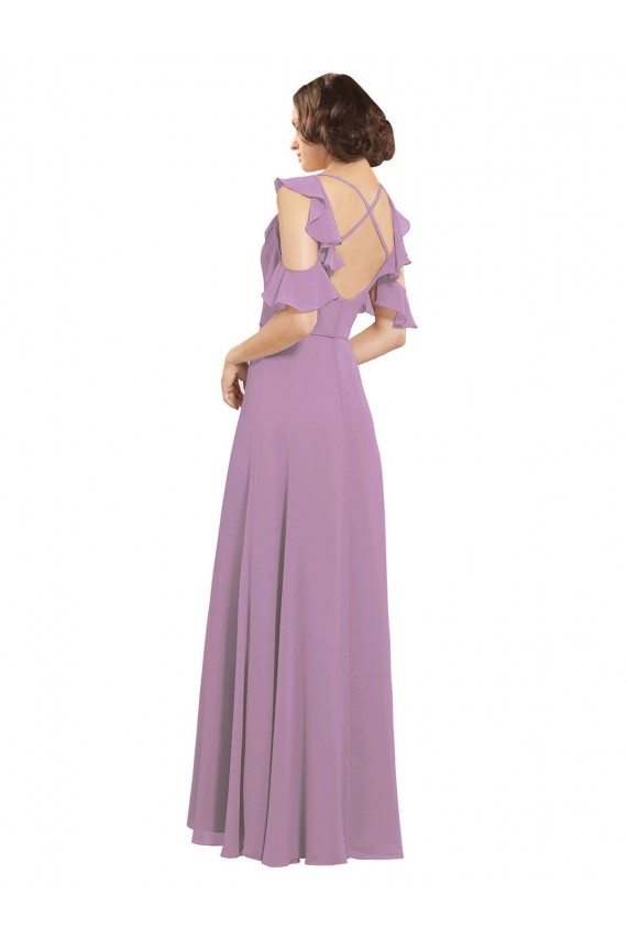 Cheap Long Chiffon Bridesmaids Dress with Flounced Sleeve Detail and Criss Cross Back Canada