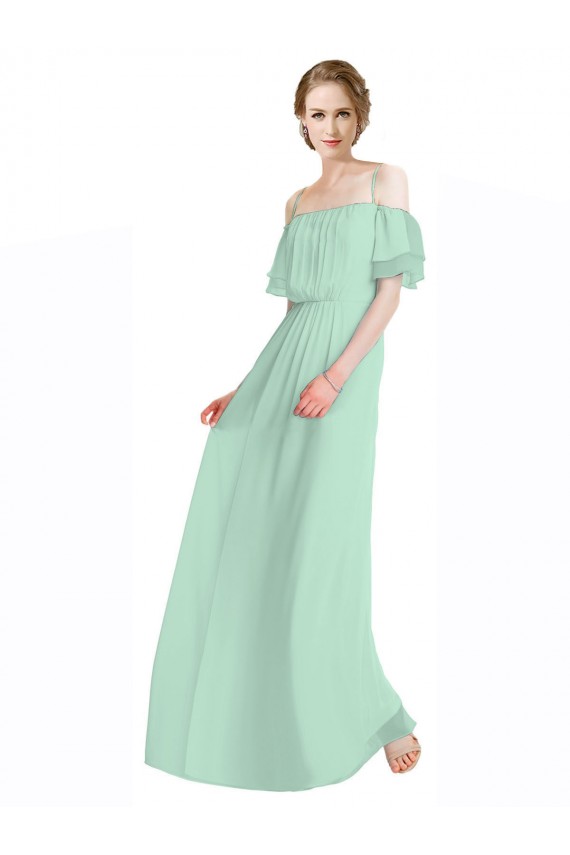 Cheap Spaghetti Straps Long Chiffon Off-The-Shoulder Bridesmaid Dress with Double Flounce Sleeves Canada