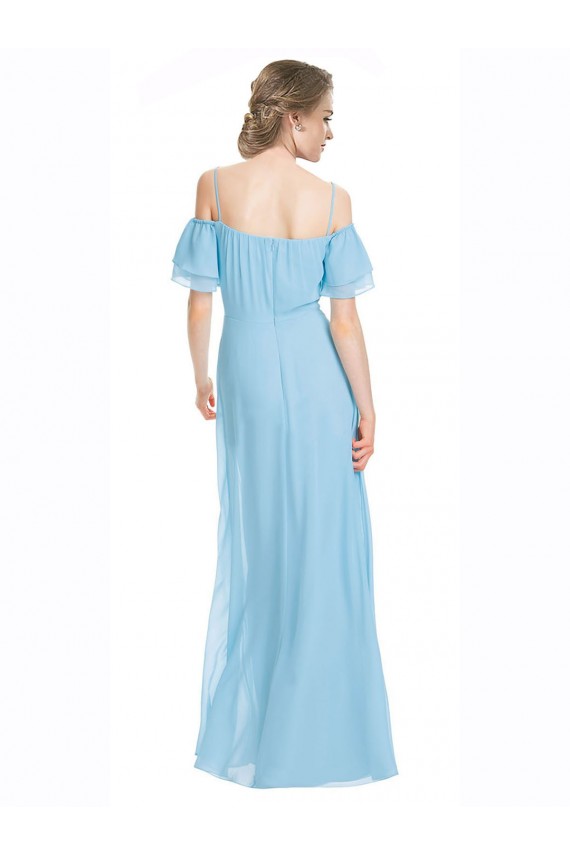Cheap Spaghetti Straps Long Chiffon Off-The-Shoulder Bridesmaid Dress with Double Flounce Sleeves Canada