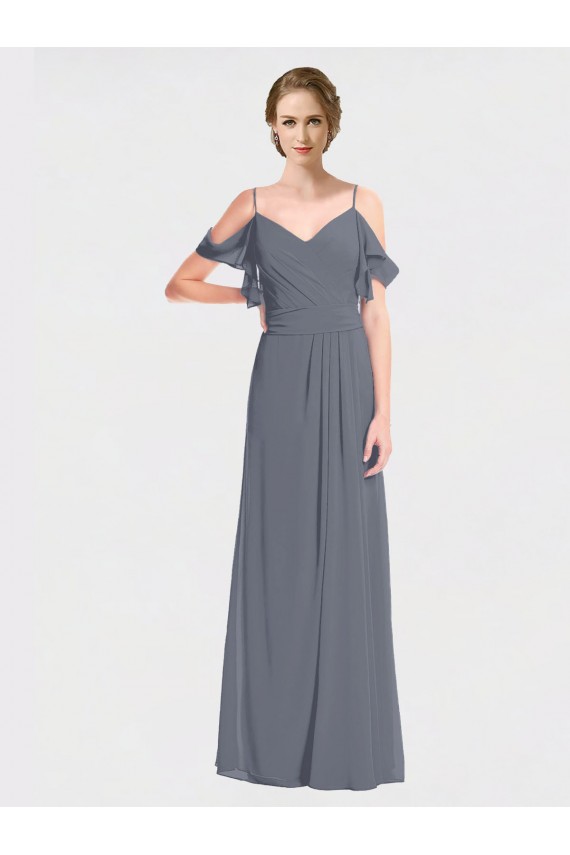 Cheap Long Chiffon Spaghetti Strap V-Neck Bridesmaid Dress with Off-The-Shoulder Flutter Sleeves Canada