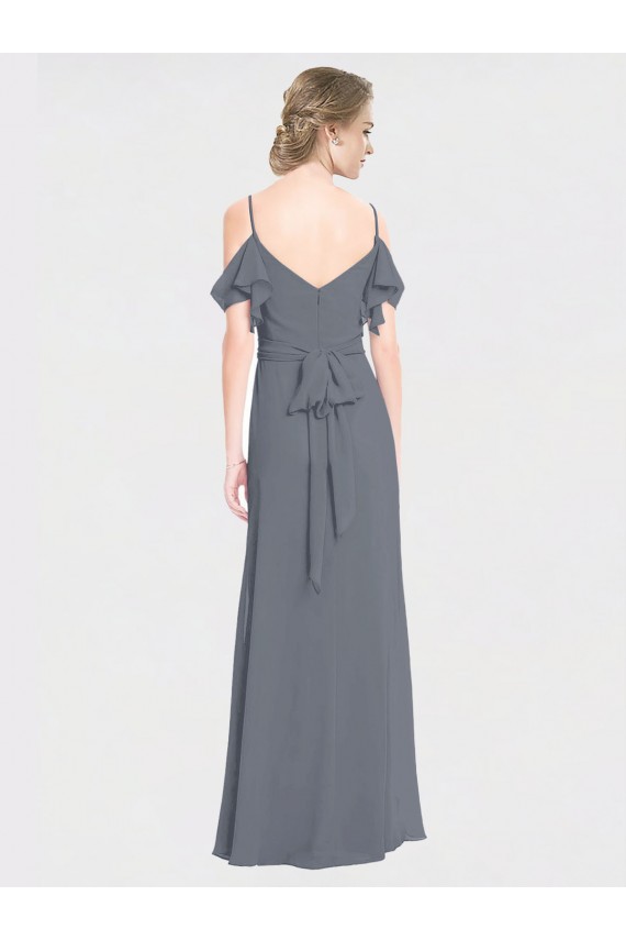 Cheap Long Chiffon Spaghetti Strap V-Neck Bridesmaid Dress with Off-The-Shoulder Flutter Sleeves Canada