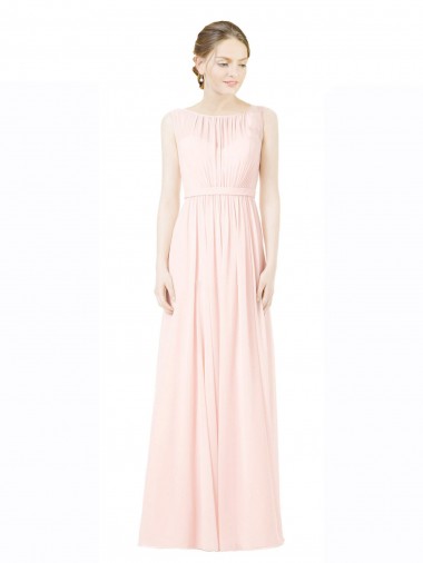 Cheap Long Chiffon Sleeveless Bridesmaid Dress with Sheer Illusion Top and V-Back Canada