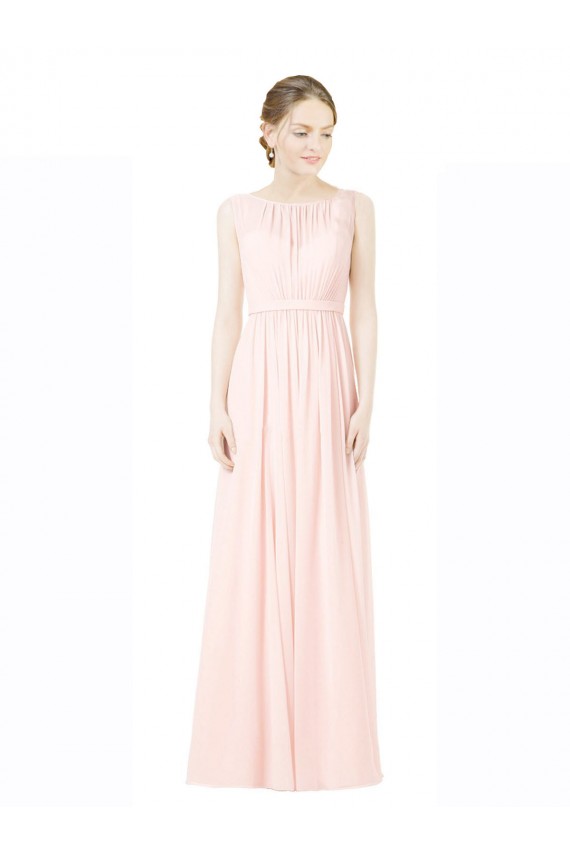 Cheap Long Chiffon Sleeveless Bridesmaid Dress with Sheer Illusion Top and V-Back Canada