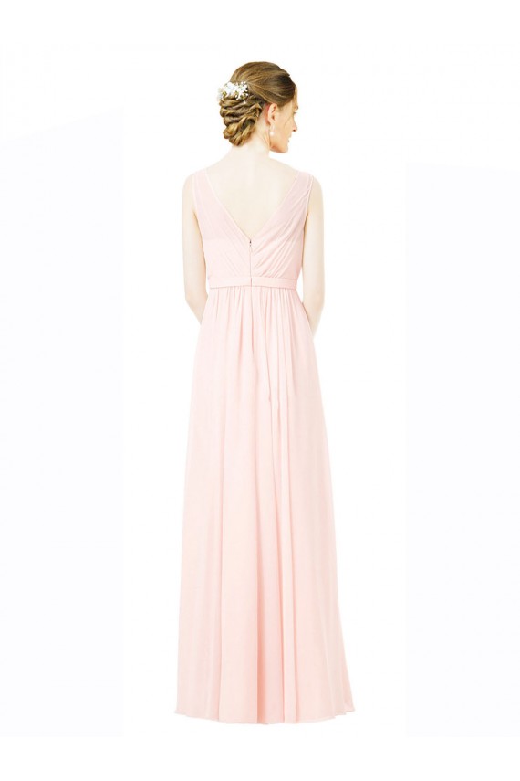 Cheap Long Chiffon Sleeveless Bridesmaid Dress with Sheer Illusion Top and V-Back Canada
