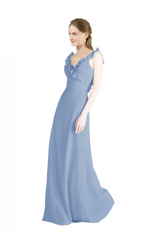 Cheap Fluted Chiffon Wrap Bridesmaid Dress with Ruffles V-Neck Canada