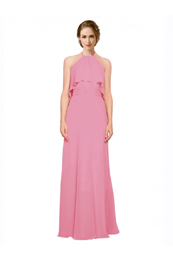 Cheap Ruffle Halter Neck A-Line Chiffon Bridesmaid Dress with Open Back Canada