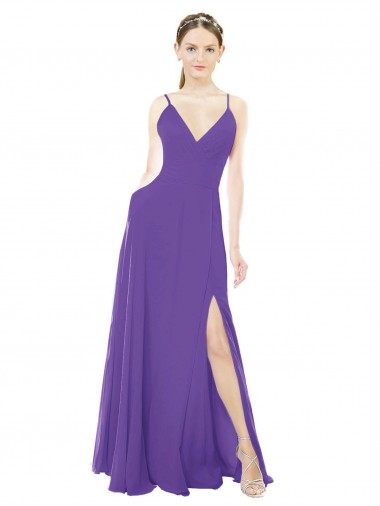 Cheap Long Chiffon A-Line Bridesmaid Dress with Deep V-Neckline and Side Slit Canada