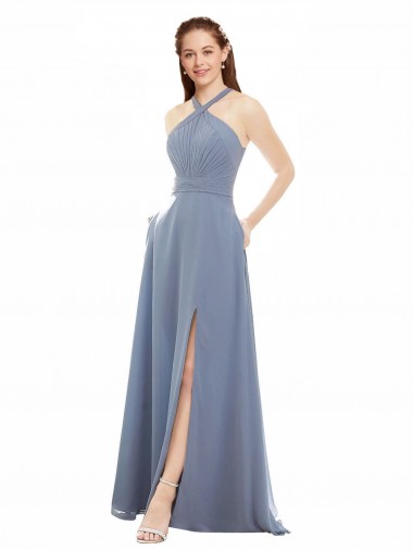 Cheap High Neck Chiffon Bridesmaid Dress with Draped Bodice Canada