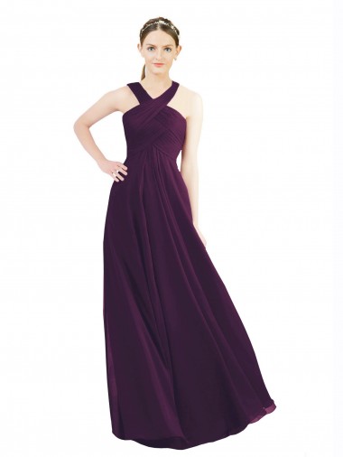 Cheap Draped Long Chiffon Bridesmaid Dress with Unique Crossed Neckline Canada