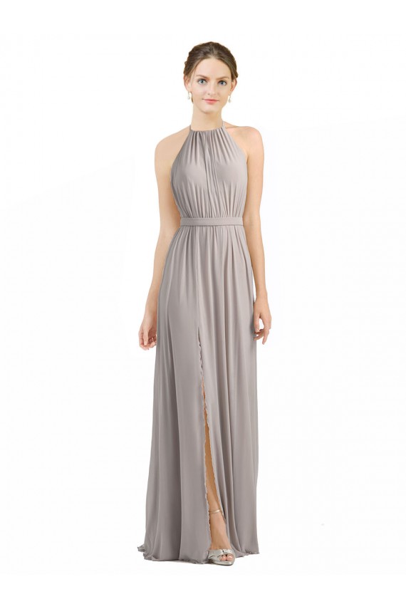 Cheap Backless Halter Chiffon Bridesmaid Dress with Front Slit and Tie Open Back Canada