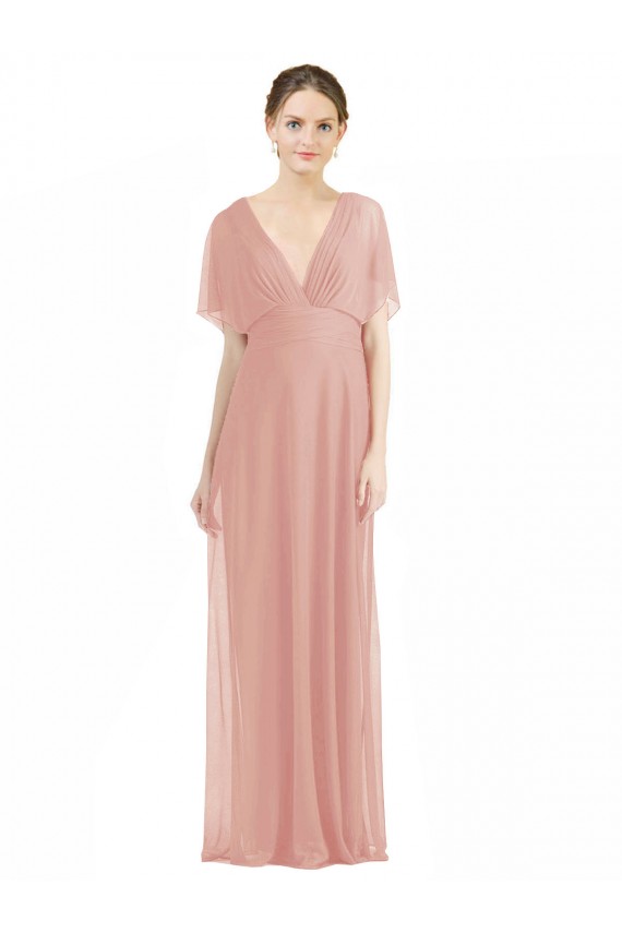Cheap Draped Short Sleeves Long Chiffon A-Line Bridesmaid Dress Canada