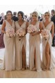 Cheap Chiffon Long Champagne Evening Dress with Sexy High Slit and Front Ruffles Canada