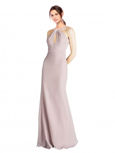 Cheap Long Slim Chiffon Bridesmaid Dress with Ruffled Waist and Keyhole Canada