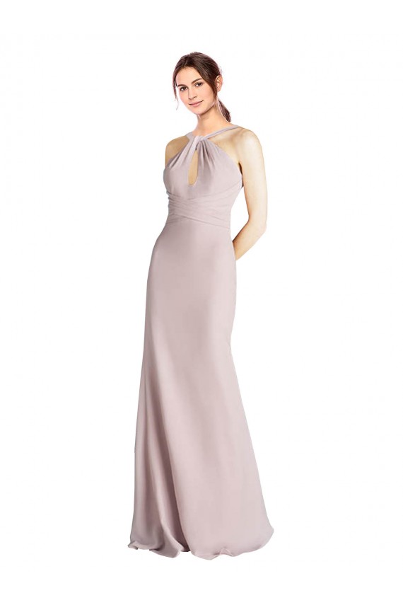 Cheap Long Slim Chiffon Bridesmaid Dress with Ruffled Waist and Keyhole Canada