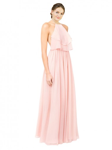 Cheap Halter Neck Chiffon Bridesmaid Dress with Double Ruffle Front Canada