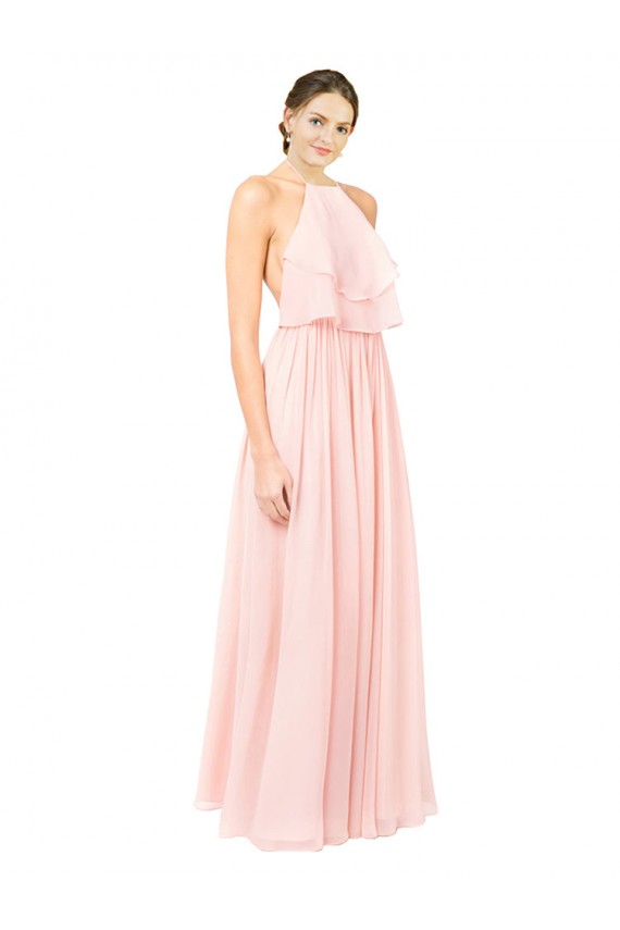 Cheap Halter Neck Chiffon Bridesmaid Dress with Double Ruffle Front Canada
