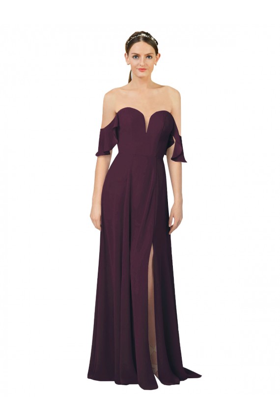 Cheap Romantic Off-Shoulder Chiffon Bridesmaid Dress with Plunging V-Neck Canada
