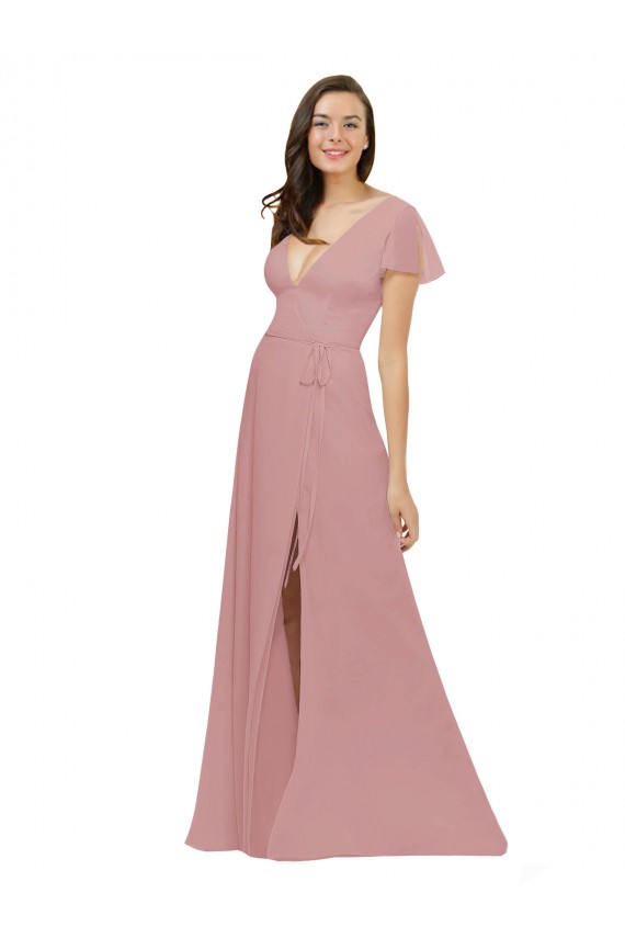 Cheap Flutter Sleeves Short Chiffon Bridesmaid Dress with Tie Belt Canada