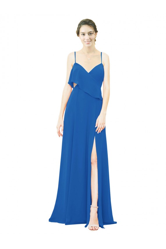 Cheap Spaghetti Strap Chiffon Bridesmaids Dress with Asymmetrical Ruffle and Front Slit Canada